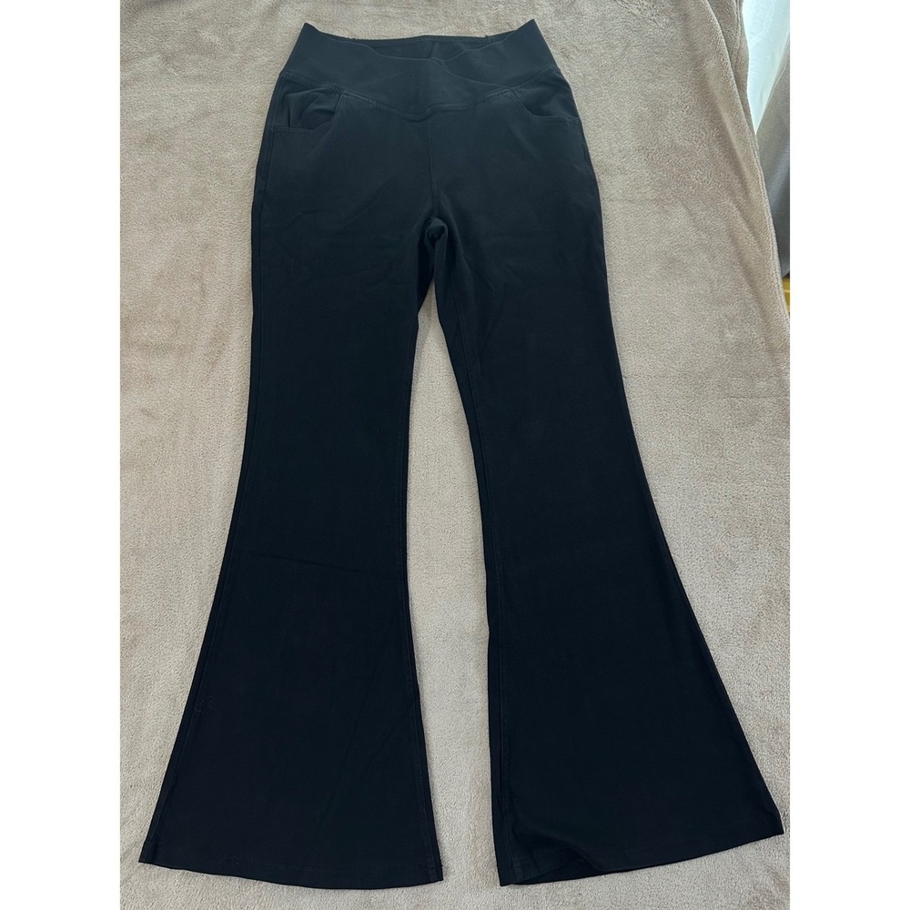 Halara Flex Denim Flare Pants Womens Large Tall Black High Waisted Crossover NEW - Picture 1 of 15